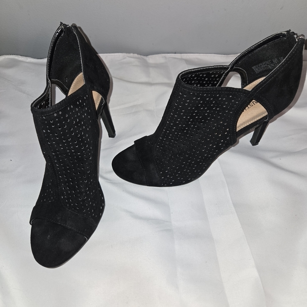Black Perforated Peep Toe Heels Booties Size 8.5 Cutout Ankle Heels Dressy Pumps